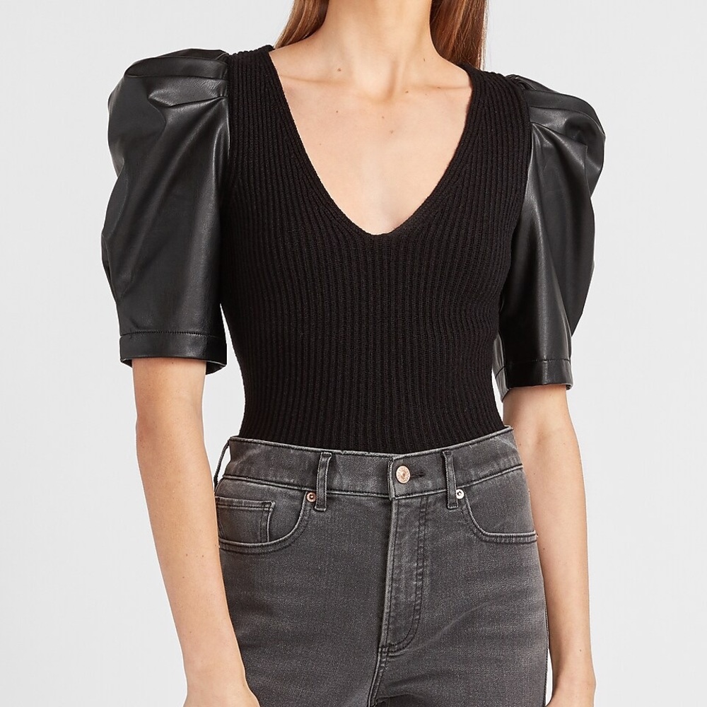 NWT Express Faux Leather Puff Sleeve Ribbed Sweater